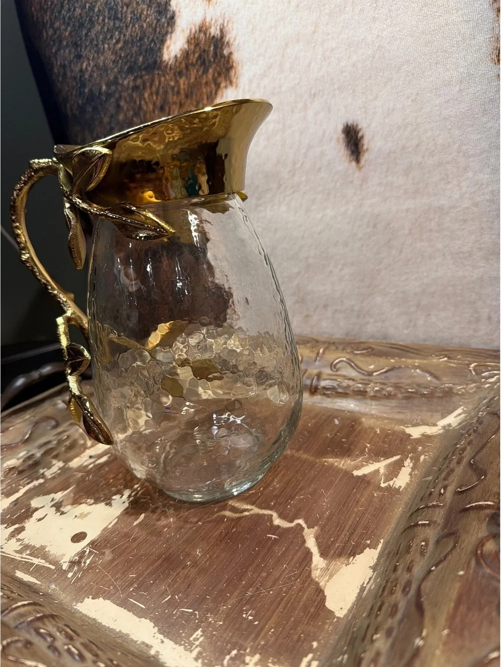Vintage Glass Pitcher with Decorative Gold-Tone Leaf Handle
